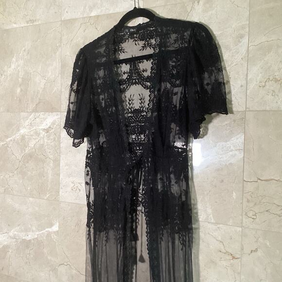 Aqua Maxi Duster Kimono Topper Small Black Lace Sheer Stevie Boho 90s Whimsigoth - Picture 2 of 10